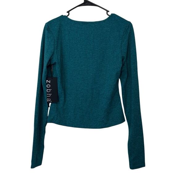 NWT Zobha Sunny Top In Heather Fanfare Size M Teal Square Neck Thumbholes Fitted - Picture 3 of 8